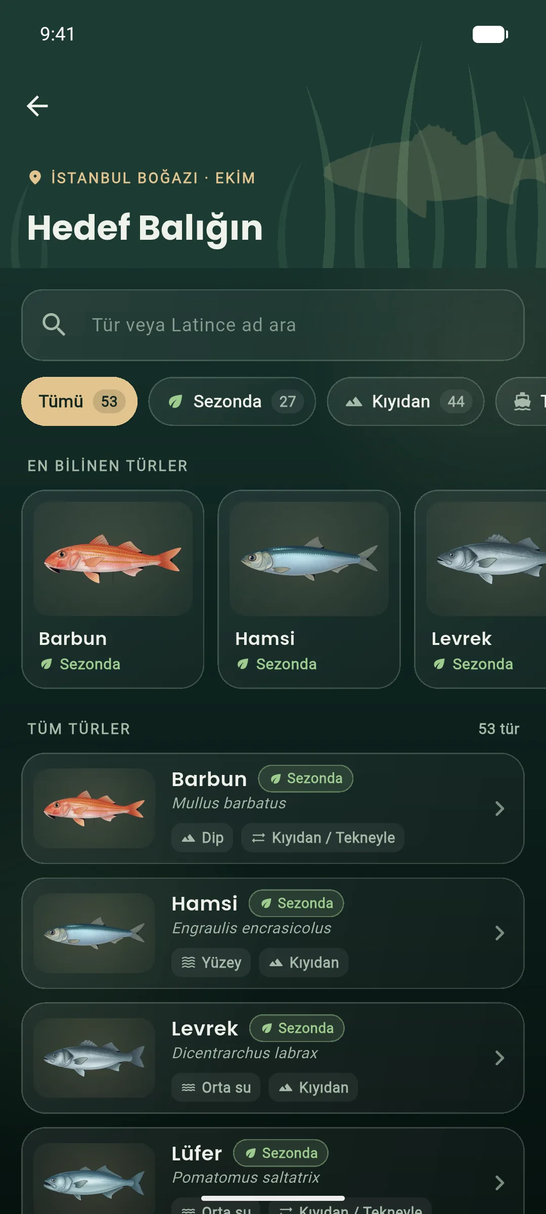 Hedef balık listesi ekranı